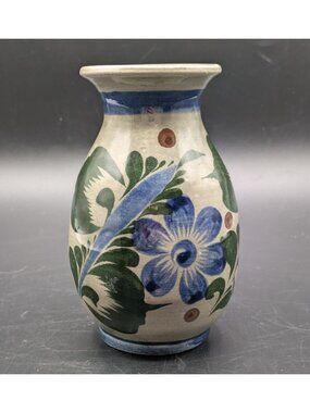 Tonala Mexican Folk Art Pottery Bud Vase Flowers Hand Painted 5” Signed
